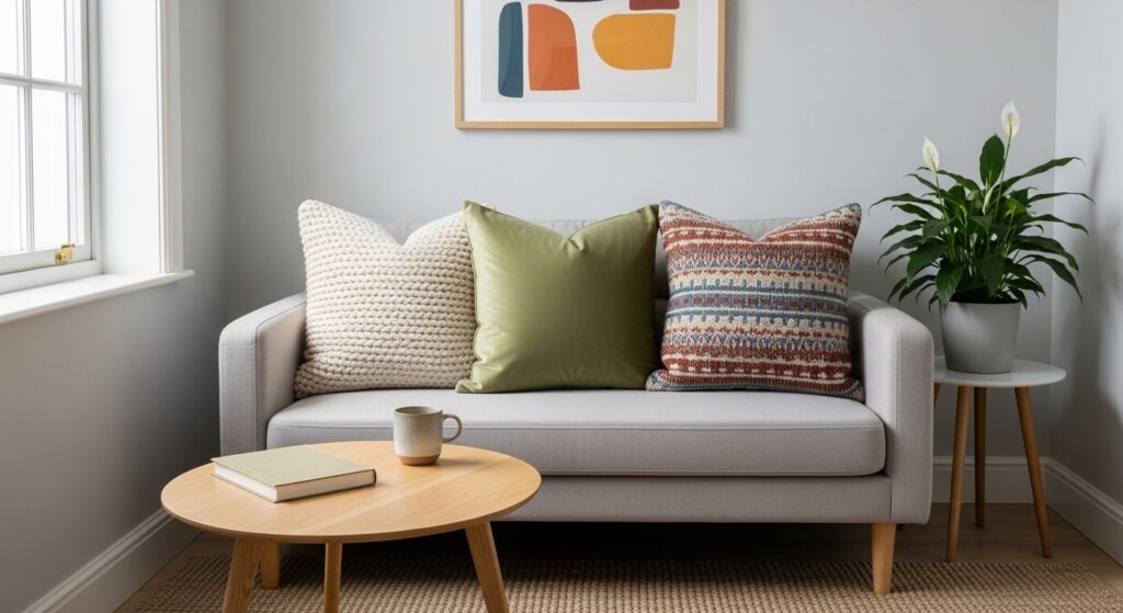 floor to ceiling bookshelf as vertical storage solution in a small living room