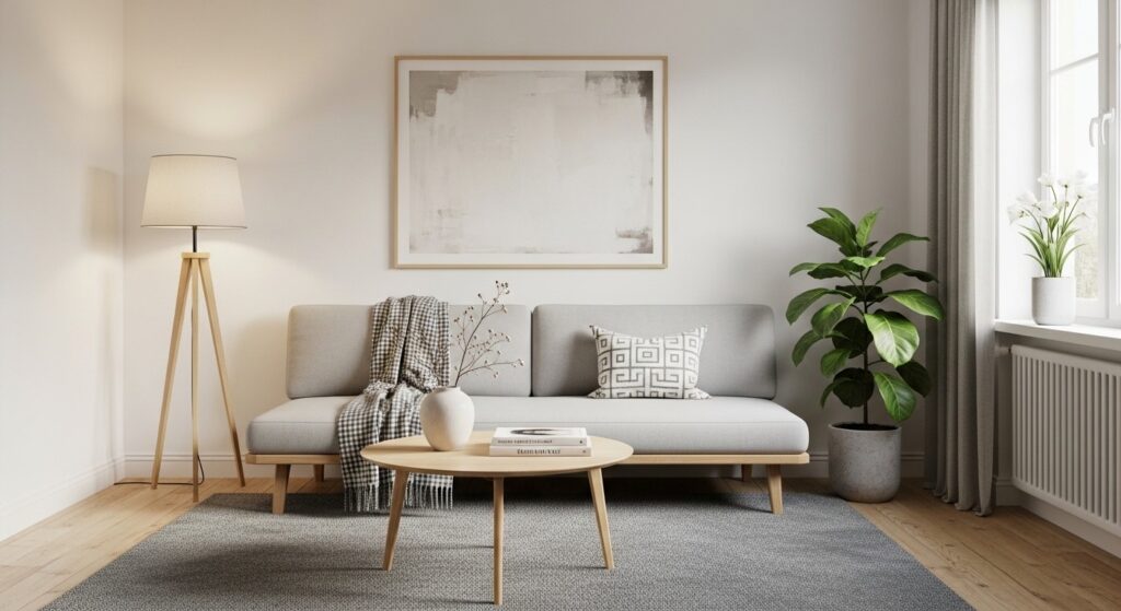 matching woven baskets on open shelves for organized storage solutions in small spaces