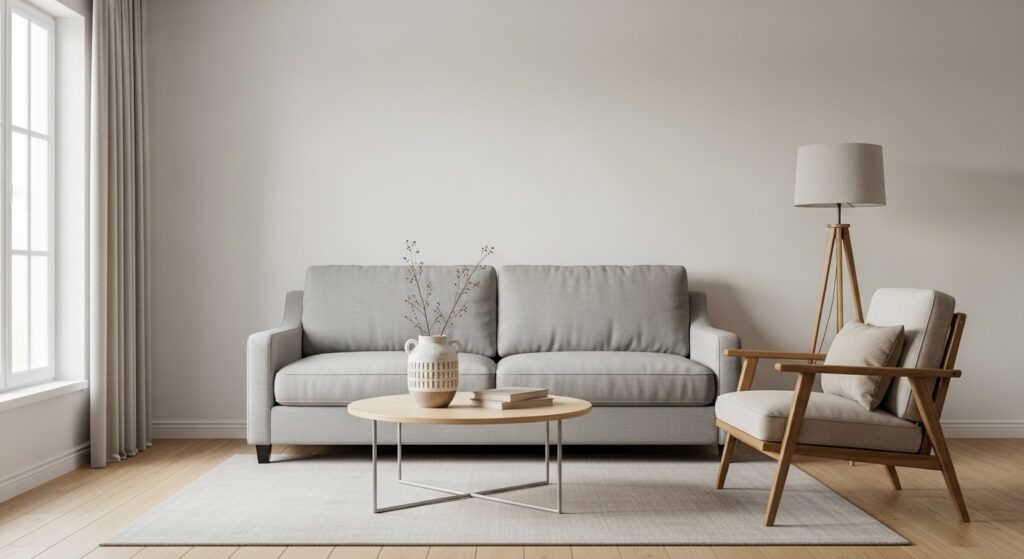 Styled small living room with a large mirror as a focal point and clean sightlines