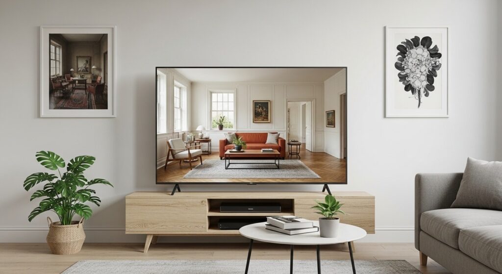 Decluttered small living room with cleared floors and a single well-chosen area rug