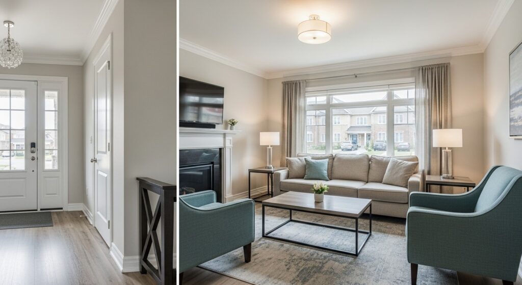 Small room styling tips using layered textures — linen sofa, knit throw, and rattan accents