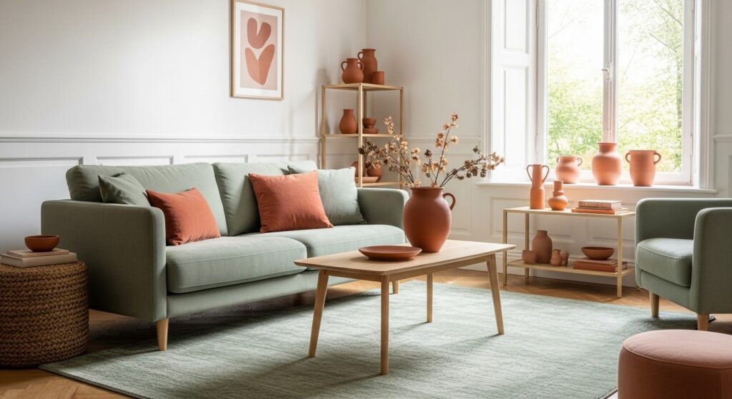 Personal touches in a small living room — curated shelf with meaningful objects and a houseplant