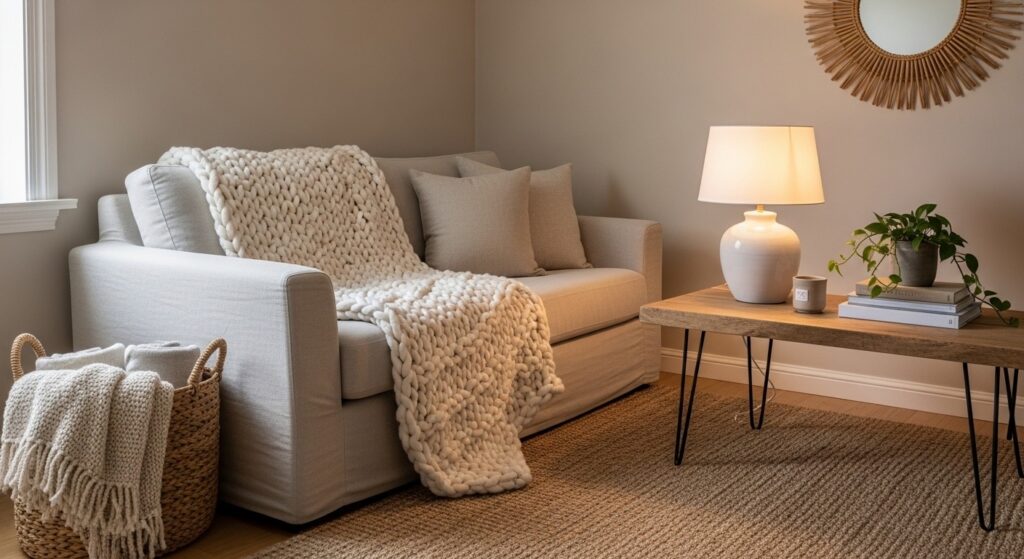 Color coordination in decor for tiny spaces using a warm tone-on-tone palette
