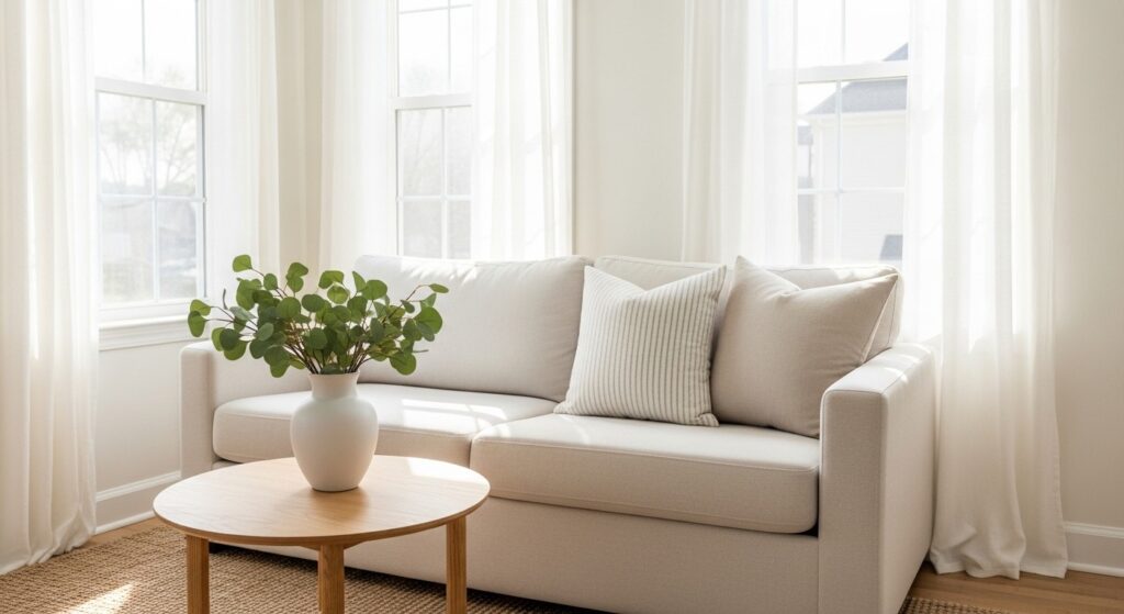 Light neutral performance fabric sofa in cream tone for a bright small living room
