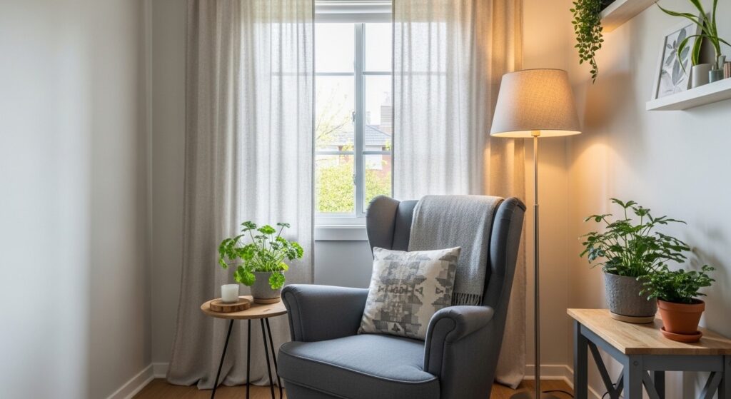 Modern sleeper sofa with memory foam mattress pulled out in a small apartment living room
