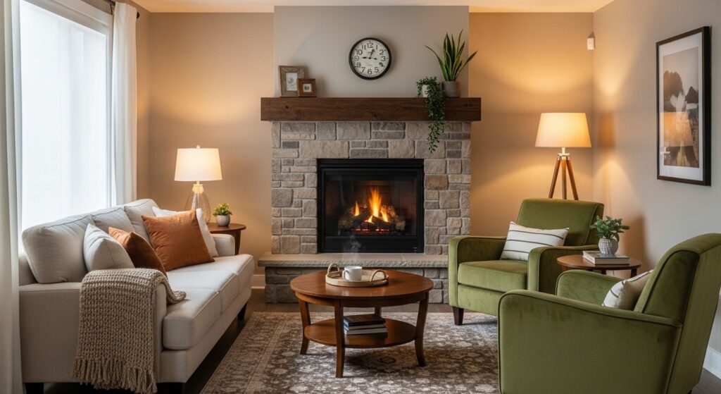 Painter's tape outline of sofa footprint on small living room floor before buying