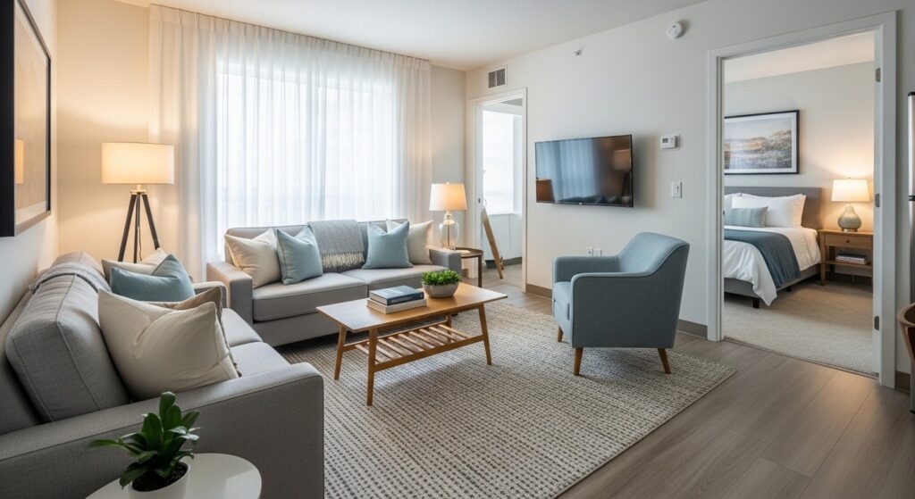 Nesting tables pulled apart in a compact living room as a flexible small space coffee table idea