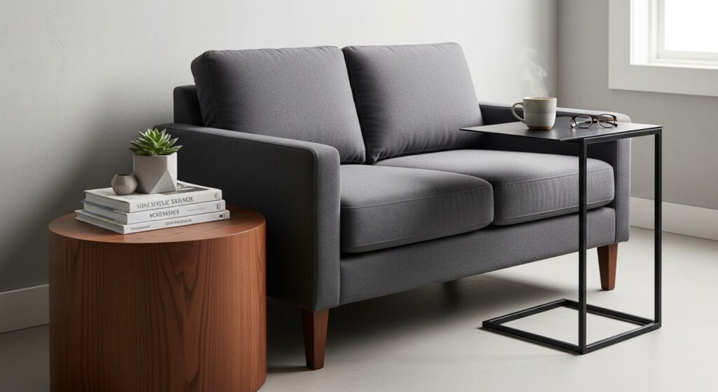 Low lift-top storage coffee table in compact living room keeping remotes and blankets hidden