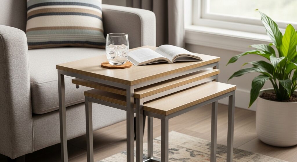 Round ottoman used as coffee table in small living room with decorative tray on top
