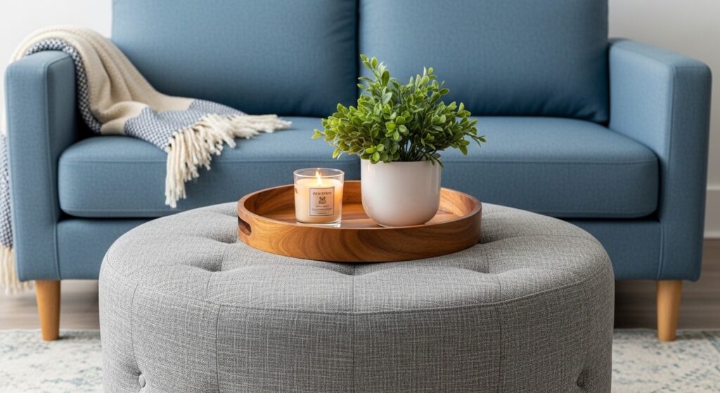 C-shaped side tables tucked under sofa arms replacing coffee table in a small apartment living room
