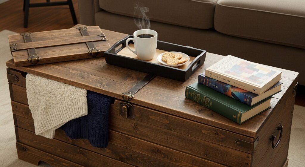 Clear acrylic coffee table in small living room letting floor pattern show through for open feel
