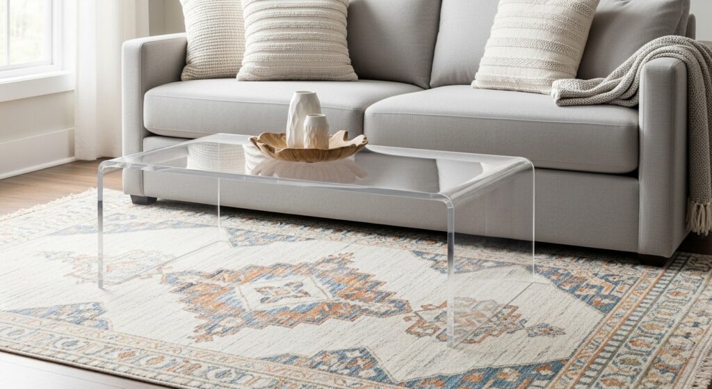 Clear acrylic coffee table alternative for small living room placed on patterned rug keeping space open and spacious