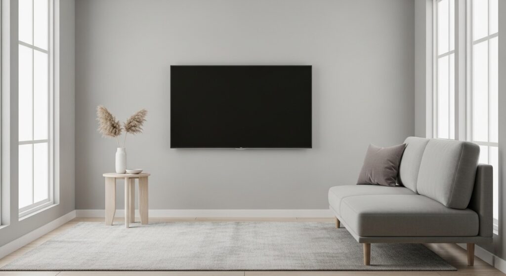 Wall mount TV small living room setup with screen centred at eye level and clean cable management