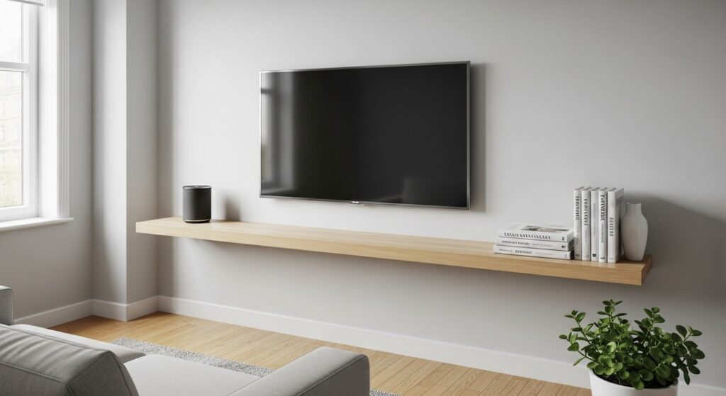 Floating media shelf as TV stand alternative in small living room keeping floor space clear