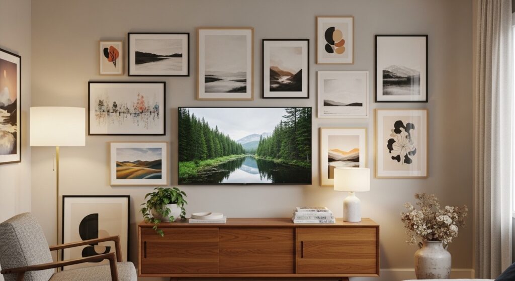 Hidden TV blended into gallery wall in small living room for a curated clutter-free look