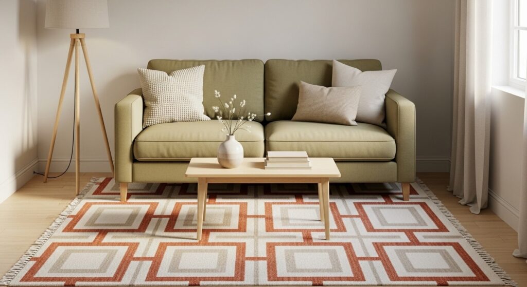 Simple geometric patterned rug in small living room adding character without visual noise