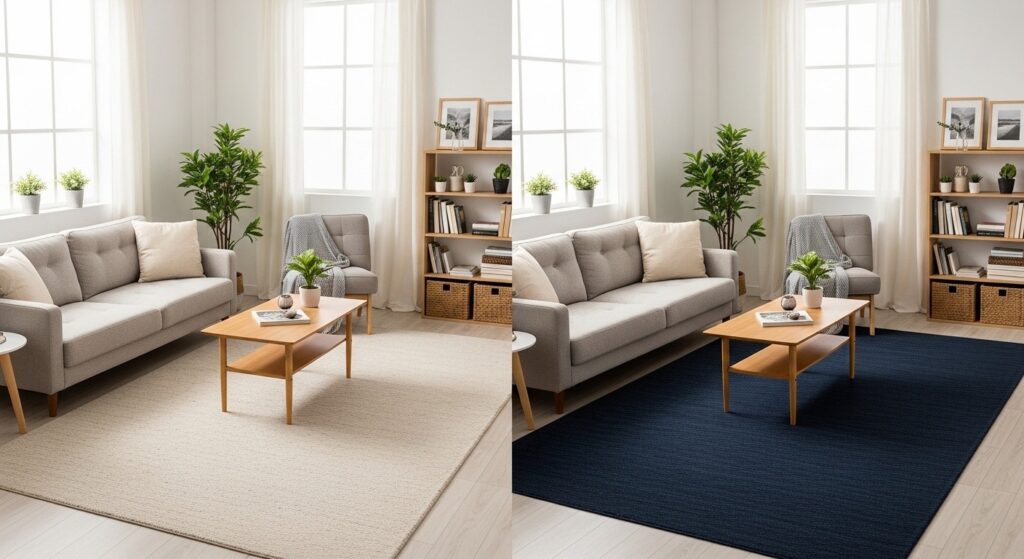 Light cream rug in small living room reflecting natural light and making the space feel open and airy