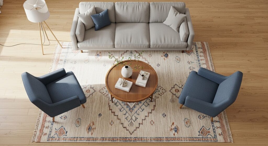 Front legs on rug placement rule in small living room creating cohesive defined seating zone