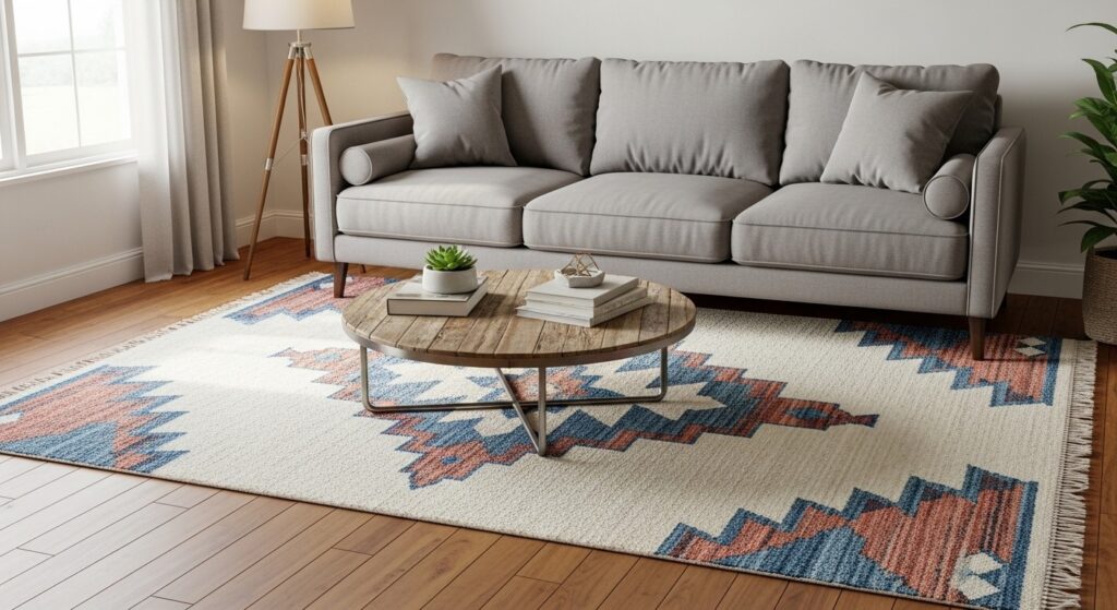 Rug size guide for small living room showing 5x8 ft rug with front sofa legs resting on top
