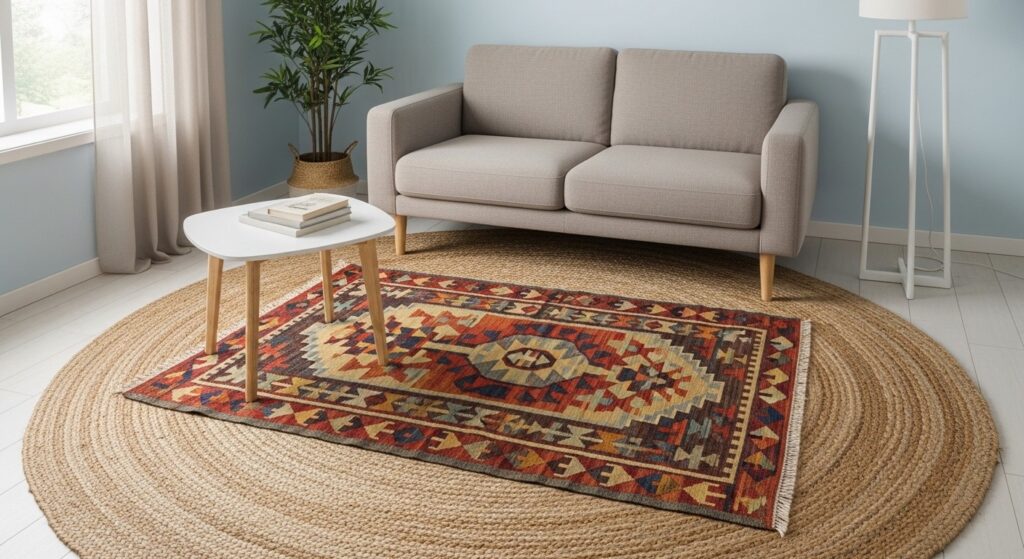 Layered rugs in small living room with flat jute base and smaller patterned rug on top for texture