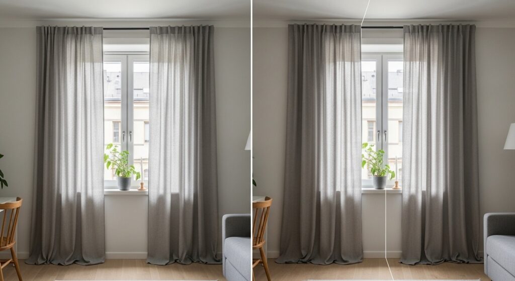 Curtain rod mounted near ceiling in small living room extending wide past window frame to maximize natural light