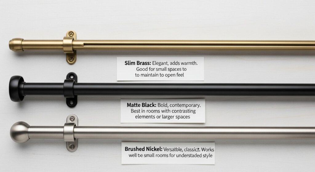 Slim curtain rod with simple ball finials in small living room matching matte black metal hardware finish