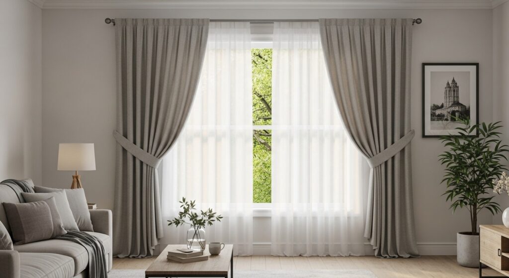Sheer linen curtains layered with opaque drapes for tiny living room providing light control and privacy