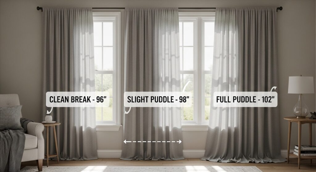 Floor-length curtain panels in small apartment living room drawing eye upward to make ceiling feel higher