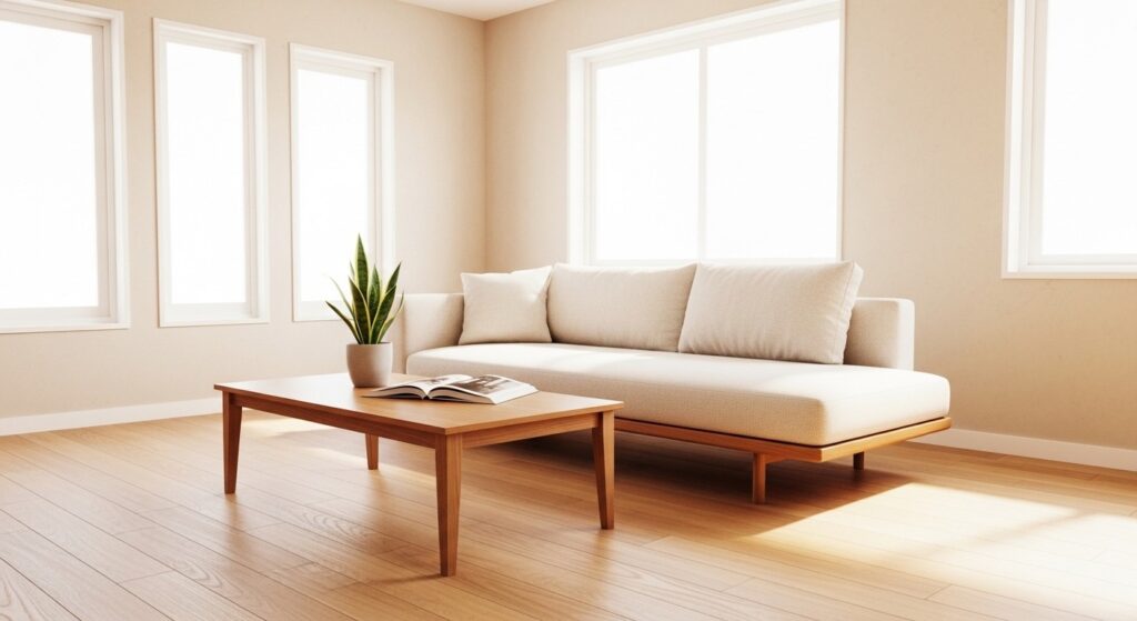 Contemporary modern living room ideas design showcasing track-arm sofa clean geometric shapes and uncluttered layout