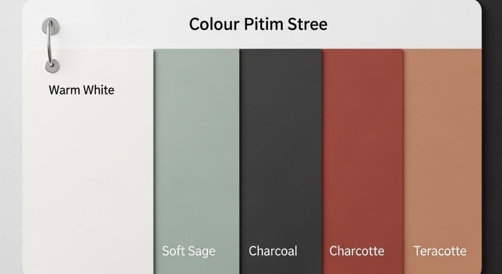 Modern living room color palette featuring warm white walls walnut tones and matte black accent details