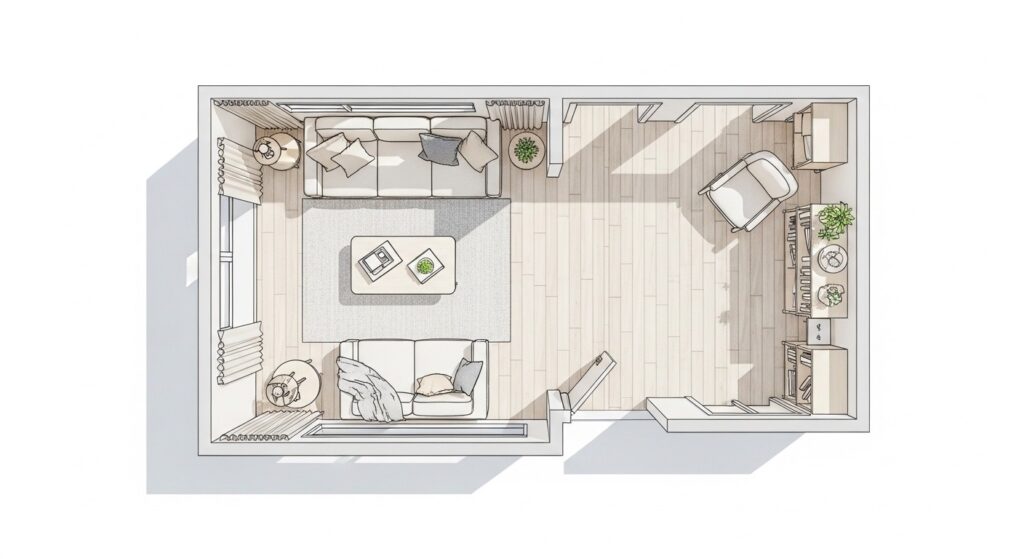 Modern living room open space planning with sofa floated away from wall and clear movement paths