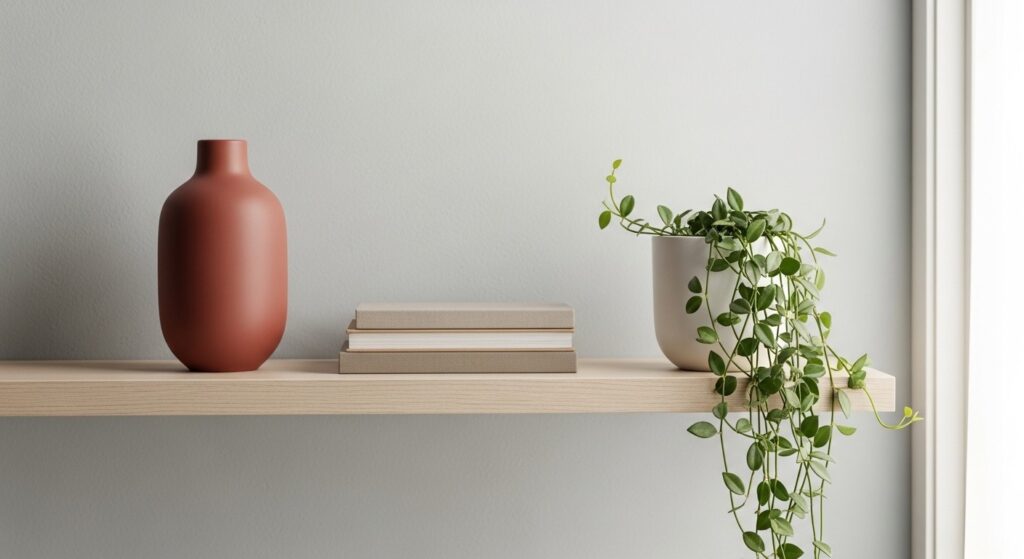 Sleek living room ideas with single large-scale minimal shelf accessories in grouped threes
