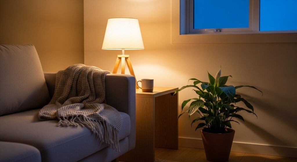 Warm modern living room with textured boucle cushions draped throw blanket indoor plant and warm white lighting
