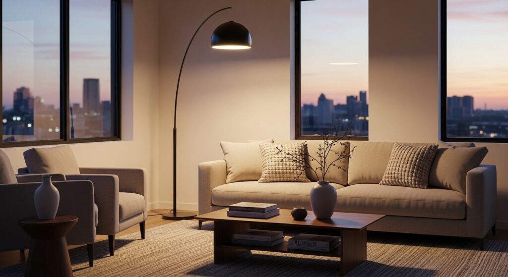 Sleek living room ideas with single large-scale artwork as focal point and minimal shelf accessories in grouped threes