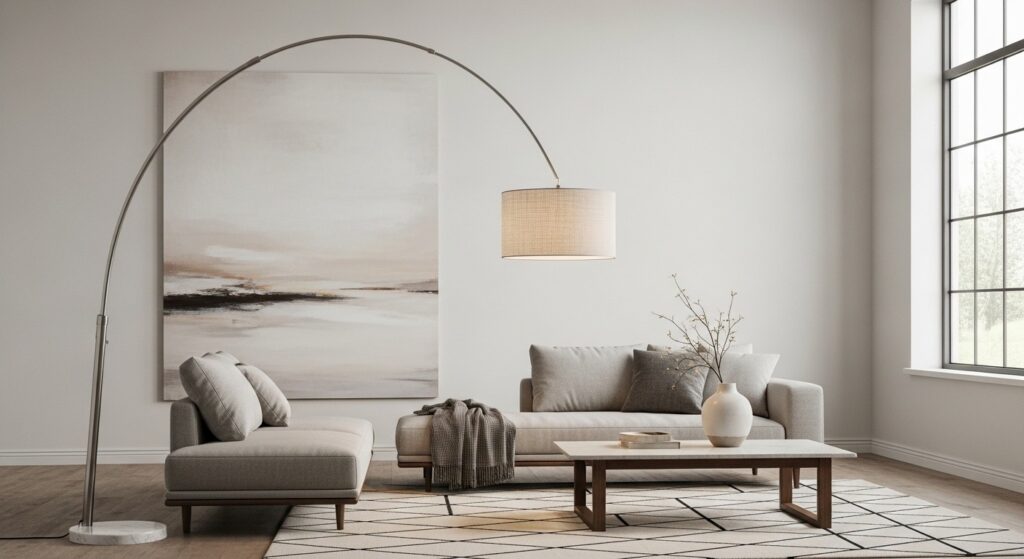 Sleek living room ideas with one oversized curved floor lamp as statement piece surrounded by minimal decor
