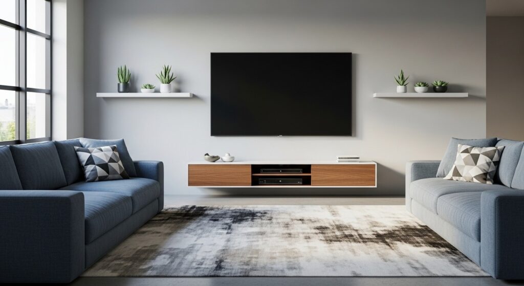 Wall-mounted TV in modern living room with hidden cable management and clean neutral media unit below