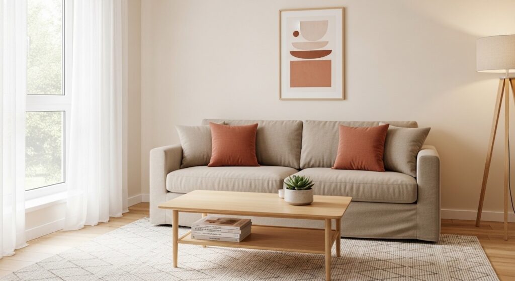 Low-profile modern living room furniture with walnut coffee table and simple sofa in solid neutral fabric
