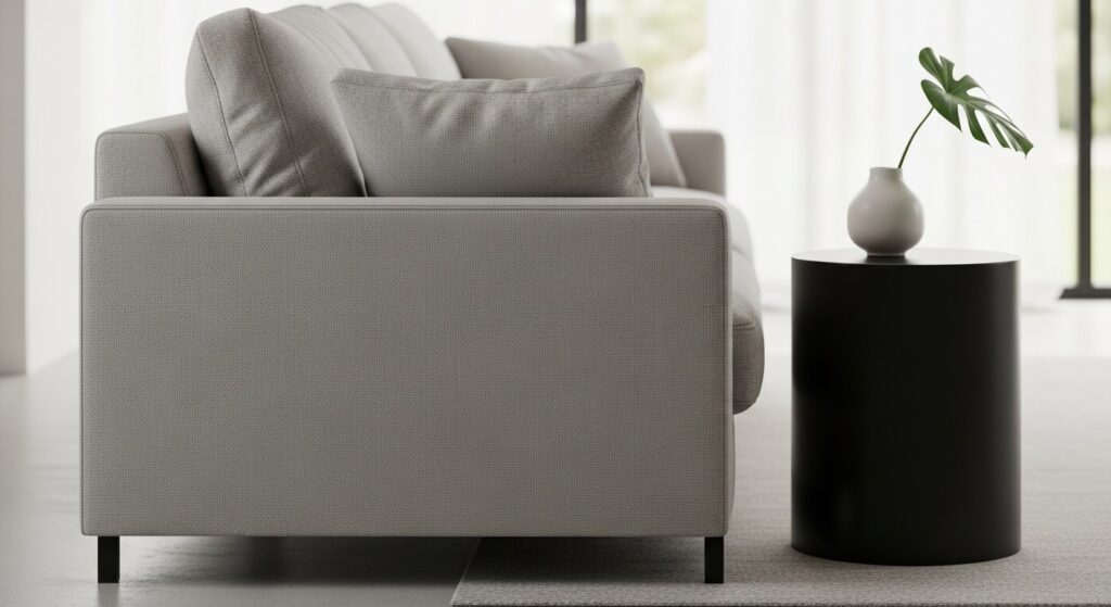 Neutral modern living room with bold rust accent cushions and muted sage secondary color following 70-20-10 rule
