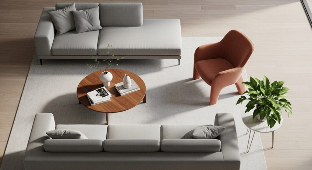 Layered modern living room lighting with geometric pendant floor lamp and LED accent strip behind TV unit