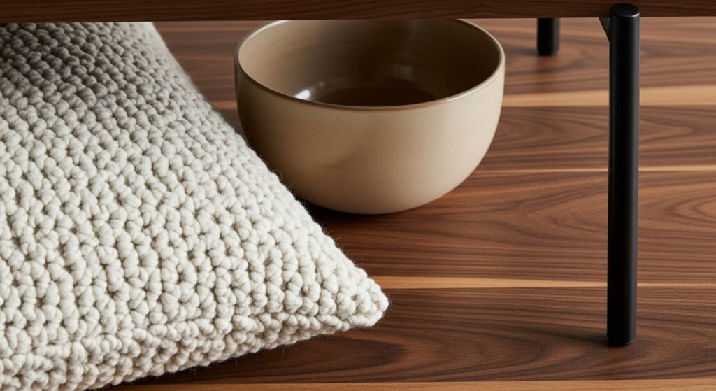 Contemporary living room design layering linen sofa wool rug matte metal lamp and natural wood side table