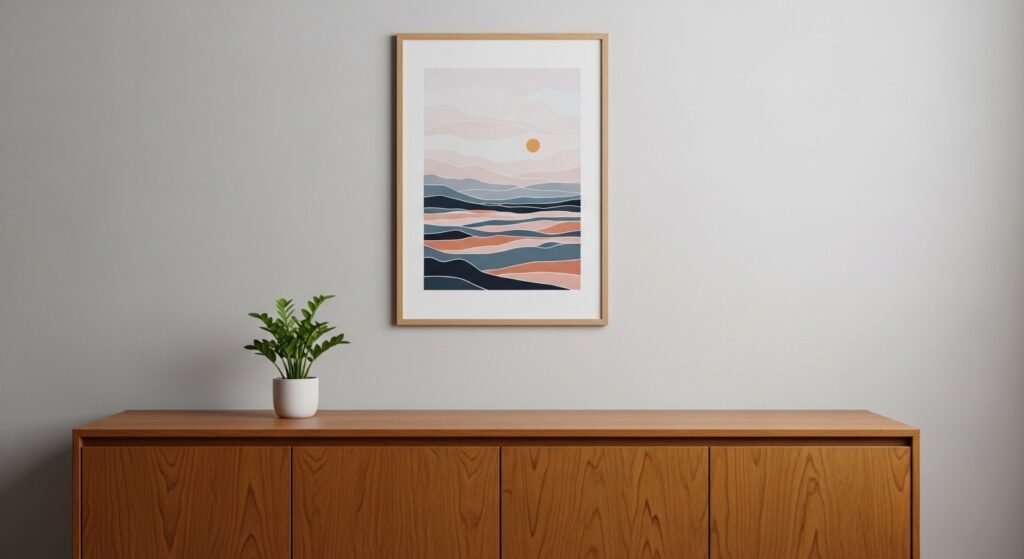 Closed storage media cabinet and woven baskets in minimalist living room keeping surfaces permanently clear