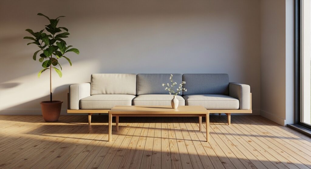 Minimalist living room design with one piece of art one sofa and clear floor space showing intentional minimalism