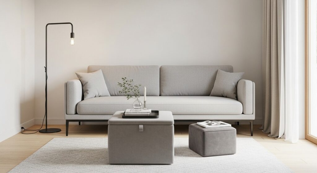 Functional minimalist living room furniture with storage ottoman doubling as coffee table and low-profile sofa
