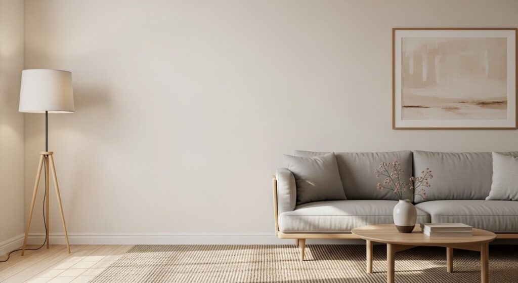 Minimalist living room with one intentionally bare wall and good clearance around seating showing negative space
