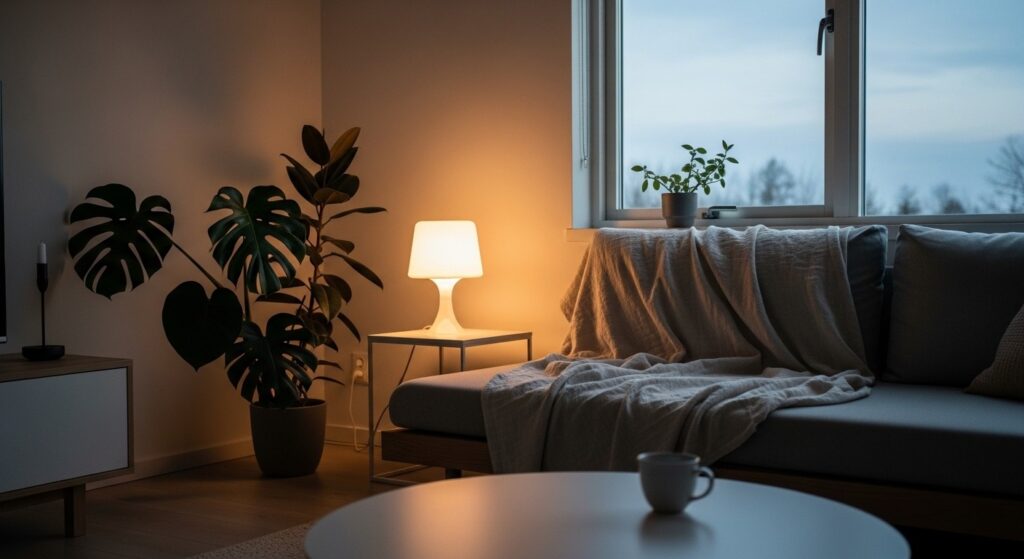 Warm minimalist living room with chunky knit throw woven rug linen cushions floor lamp and indoor plant
