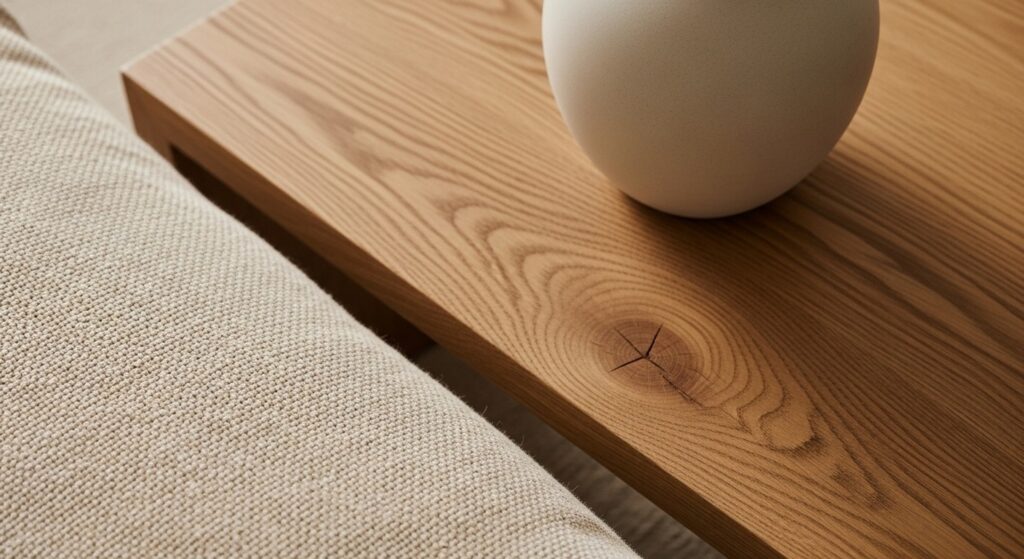 Minimalist decor for living room featuring one solid wood coffee table and quality linen sofa as investment pieces
