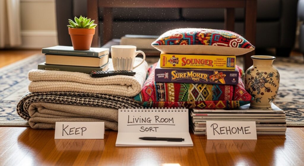 Clutter-free living room after editing process with only essential furniture and cleared surfaces remaining