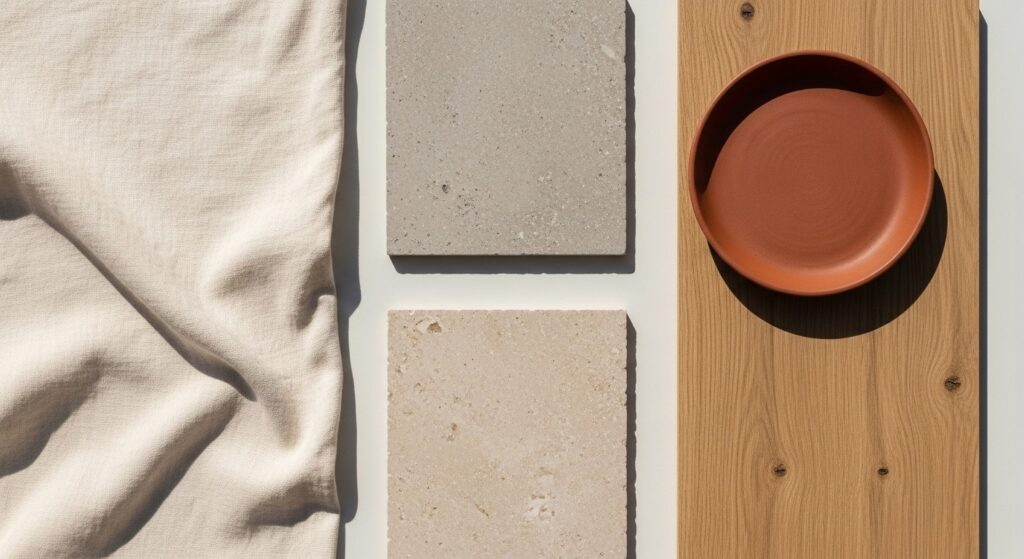 Minimalist living room color palette with layered warm neutrals and single terracotta accent vase on shelf

