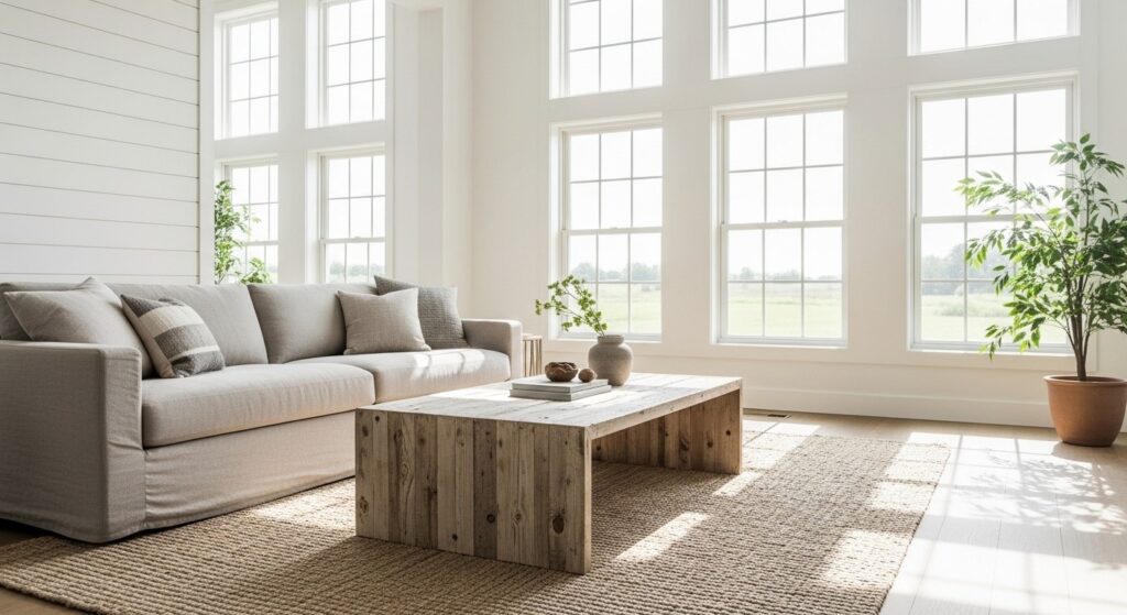 farmhouse living room decor with reclaimed wood coffee table and clean contemporary lines
