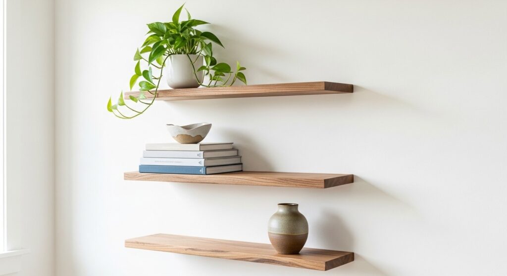 farmhouse living room decor with floating wood shelves and curated neutral vignette